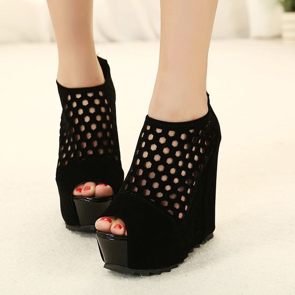 

gdgydh zipper platform wedges shoes for women flock spring ladies party shoes fashion summer peep toe pumps women hollow out d08, Black