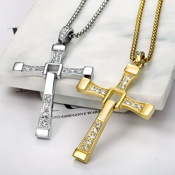 

drop shipping fast and furious movies actor dominic toretto rhinestone cross crystal pendant chain necklace men jewelry, Silver