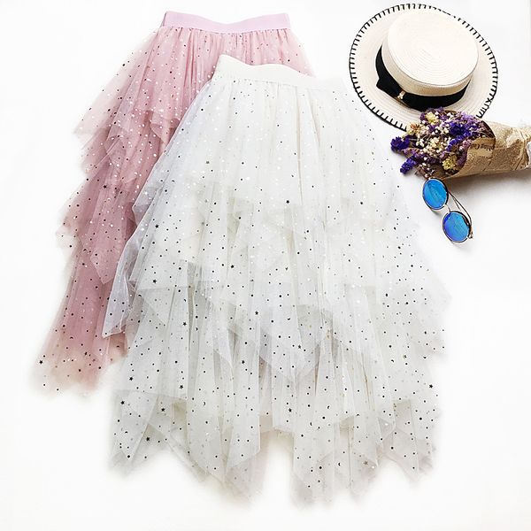 

spring and summer 2019 new korean version of sparkling star moon irregular hemiskirt female a net yarn skirts, Black