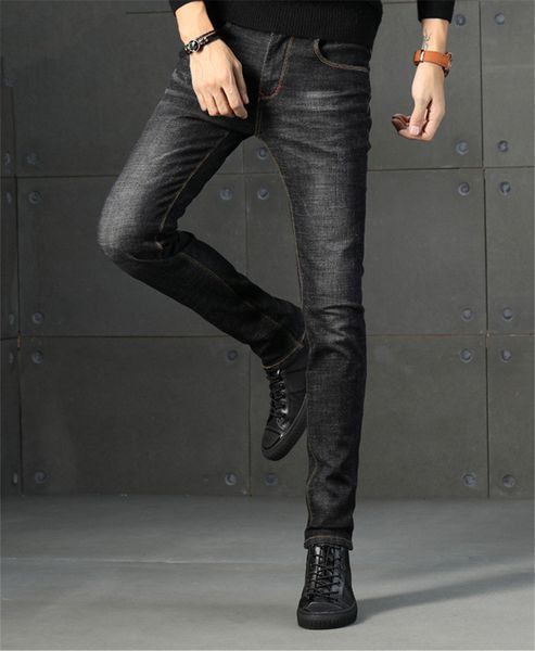 

designer ripped solid mens jeans zipper fly stretch big pencil pants fashion spring autumn mens clothes, Blue