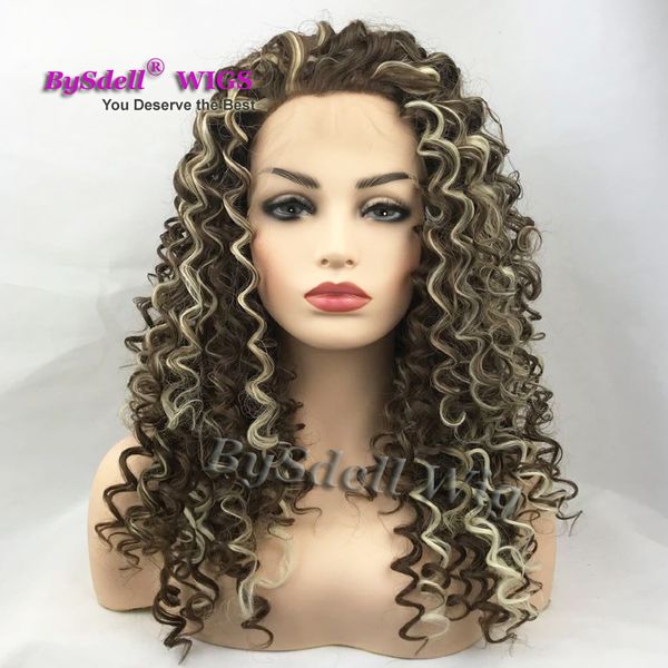 Hot Sale Highlight Dark Brown Hair Wig Synthetic Long Neat Medium Kinky Curly Hair Female Hairstyle Glueless Swiss Lace Front Wig Long Hair Wig Buy