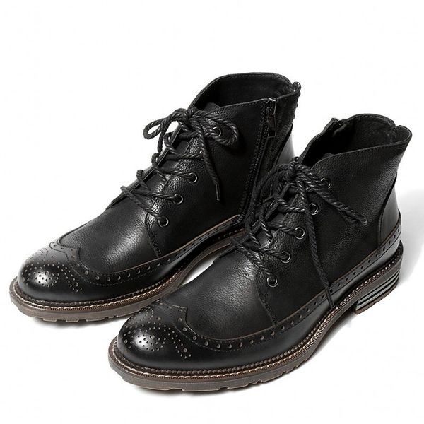 

british brogue high mens genuine leather ankle boots fashion lace up round toe calzado hombre safety shoes, Black
