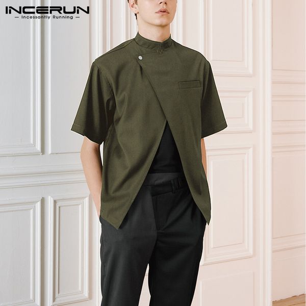 

men shirt vintage solid 2020 short sleeve one button casual split shirts hombre retro stand collar irregular camisa incerun, White;black