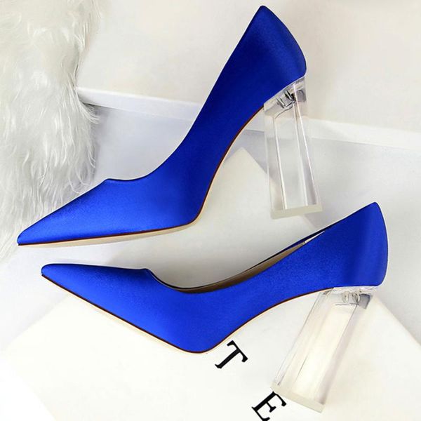 

2020 plus size 43 women block 10cm high heels lady scarpins green satin pumps female wedding yellow blue silk transparent shoes, Black