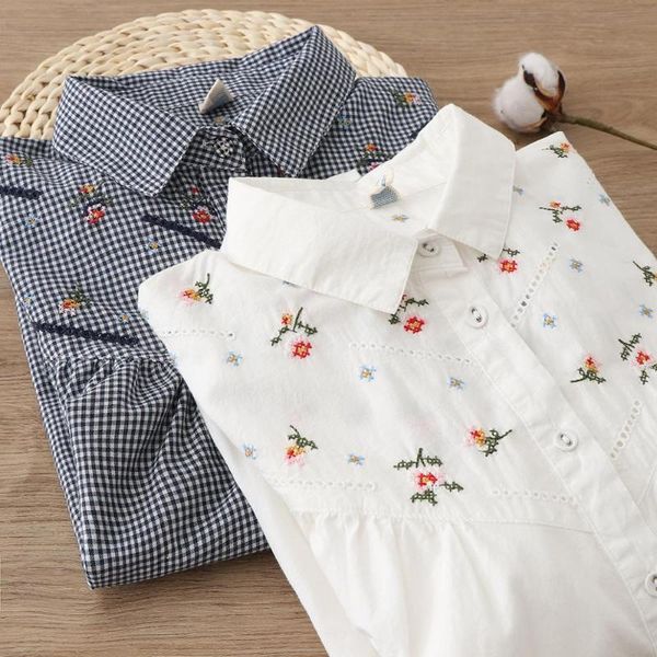 

flowers embroidery plaid white cotton long sleeve shirt blouse mori girl