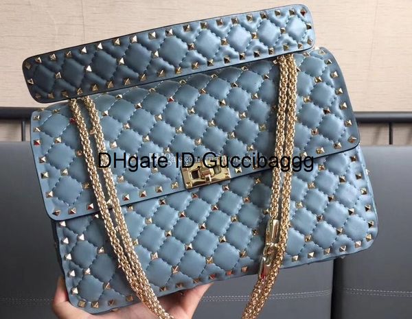 

fashion style imported first layer lambskin genuine leather eighteen color l size high quailt with light gold rivet women cross shoulder bag