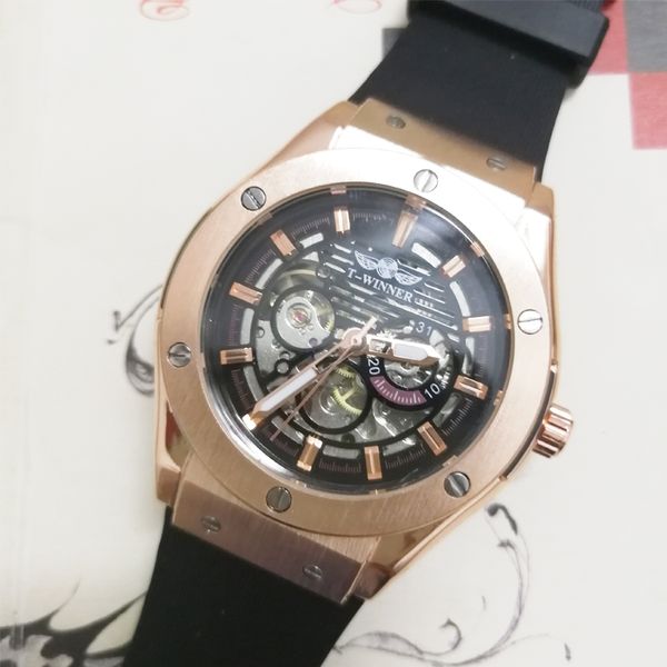 

winner mens mechanical watches rubber strap male automatic skeleton steampunk sports wristwatch luminous hands male clock, Slivery;brown