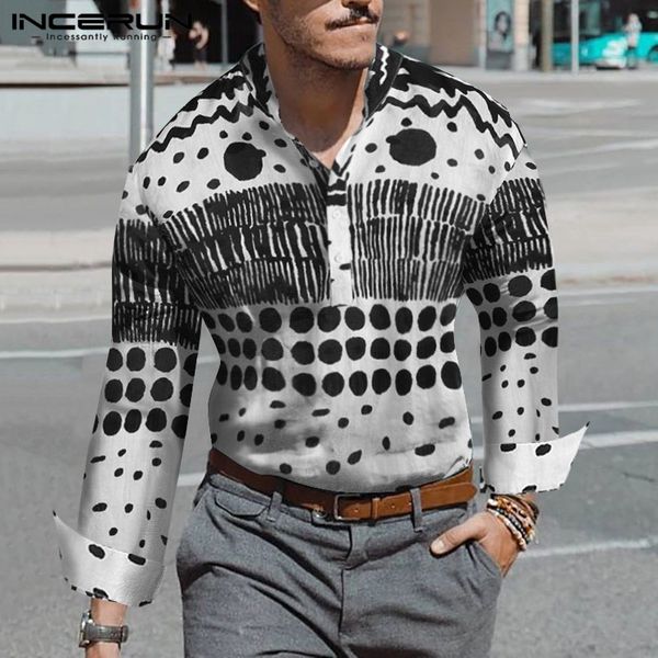 

incerun men printed henley shirt stand collar long sleeve chic breathable cotton brand casual business shirts men chemise 2019, White;black