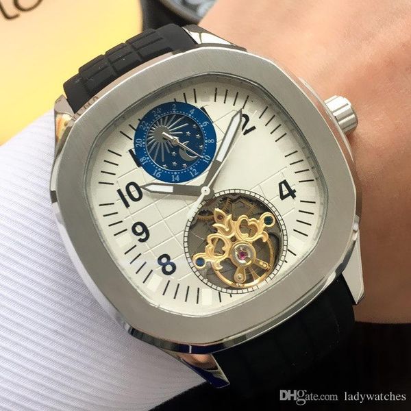 

luxury mens watches fashion flywheel mechanical automatic watch moon phase rubber strap 316l steel case wriswatch 45mm mens watches, Slivery;brown