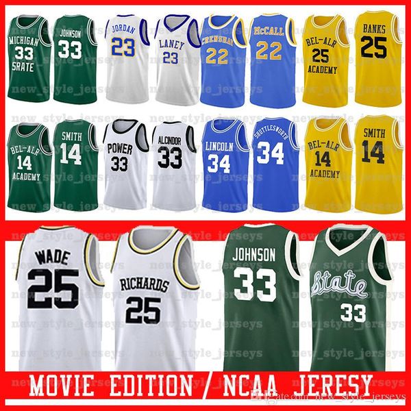 

michigan state spartans # 33 ирвин джонсон мощности мемориал прд alcindor bel-air academy фильм джерси линкольн мощности мемориал прд alcind, Black