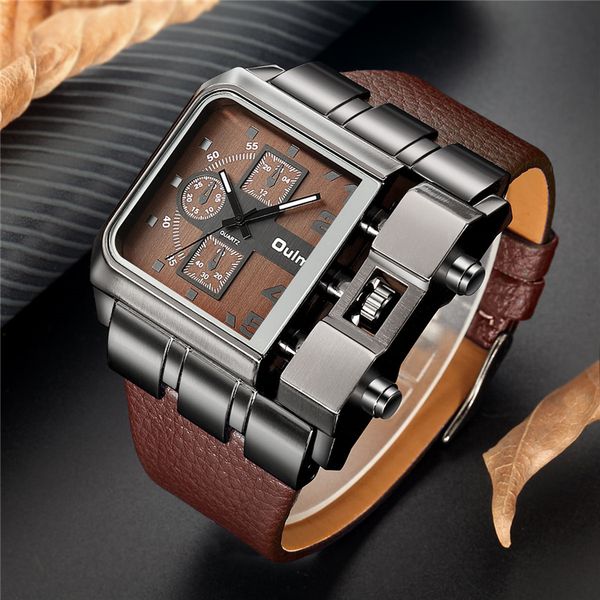 

oulm brand original unique design square men wristwatch wide big dial casual leather strap quartz watch male sport watches, Slivery;brown