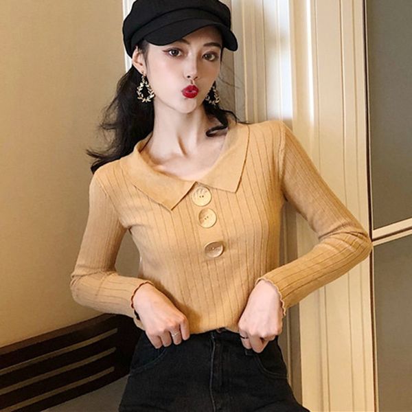 

2019 women sweater pullovers long sleeve solid color button v-neck sweater female slim knit soft jumper, White;black