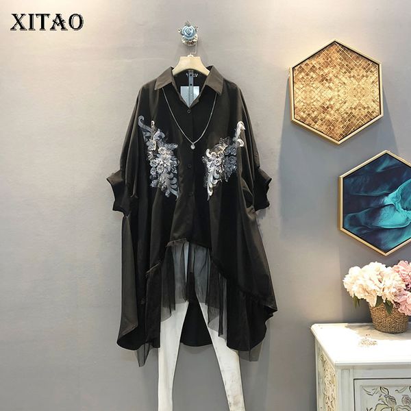 

xitao korean style fashion women blouses sequin embroidery flowers women plus size irregular bat sleeves shirt xj4604, White