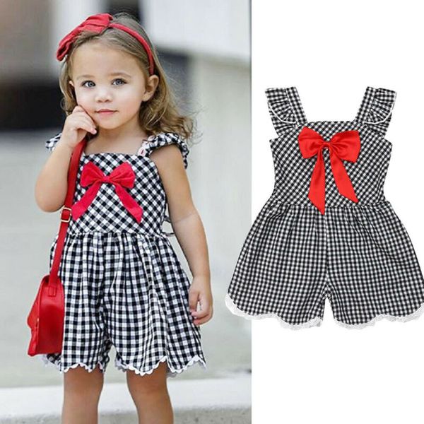 

2019 autumn new kids girls romper children cotton sleeveless jumpsuit kids plaid bow baby girls' cotton one pieces clothes 1-6y, Blue