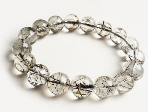 

natural black quartz crystal rutilated beads bracelet 13mm