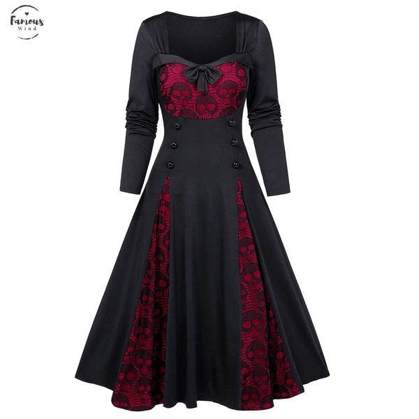 

35 plus size dress halloween skull lace insert mock button bowknot dress gothic medieval dresses vestidos autumn dress women, Black;gray