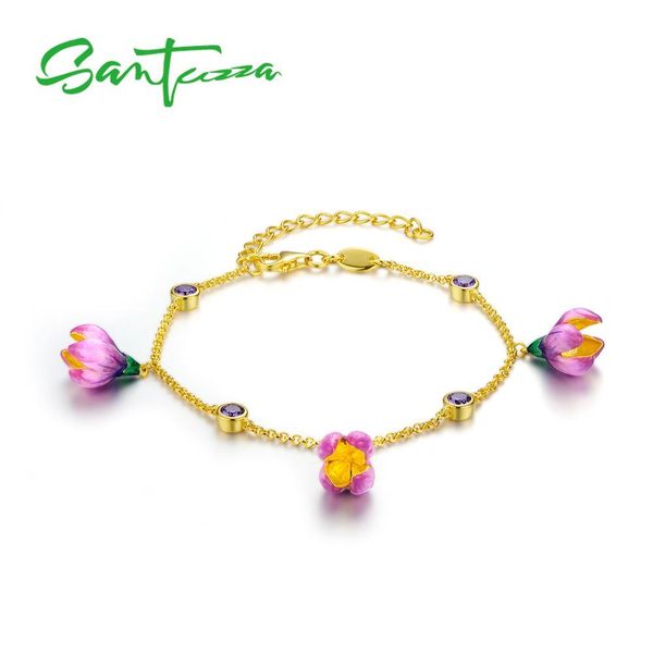

santuzza silver bracelet for women 925 sterling silver elegant pink flower adjustable gold color fine jewelry handmade enamel, Black