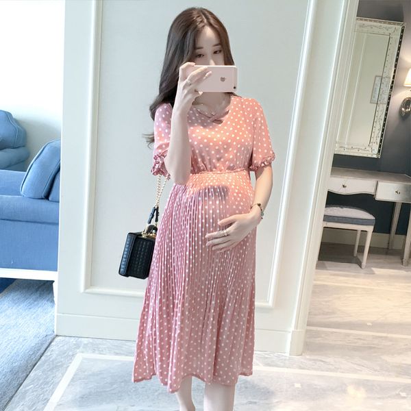 

polka dot maternity dresses chiffon pregnancy dresses mid-length short sleeved korean-style loose maternity dress, White