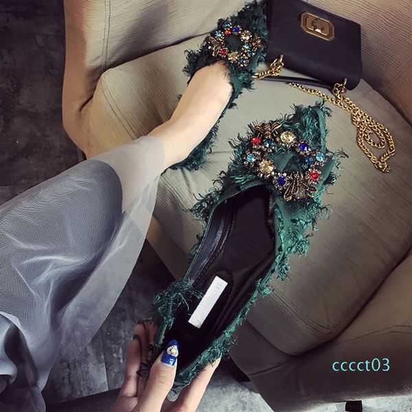 

evening evening female flat spring and autumn new style square buckle water drill pointed head versatile shallow mouth soft sole beans ct03, Black