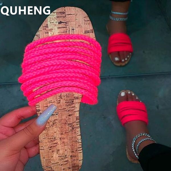 

flat bottom beach female slippers fashion summer new plus size outdoor slippers roman wind solid color rope straps2020, Black