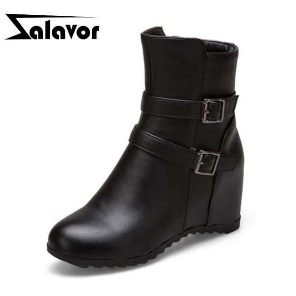 

zalavor 2020 winter warm ankle boots fashion buckle solid color height increasing shoes zipper women footwear size 33-43, Black