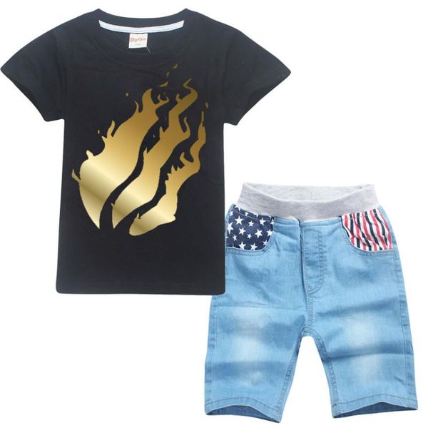 

дети одежда set детская одежда мальчики одежда хлопок майка + джинсы штаны костюм огонь мультфильм 5-14y 8496, White