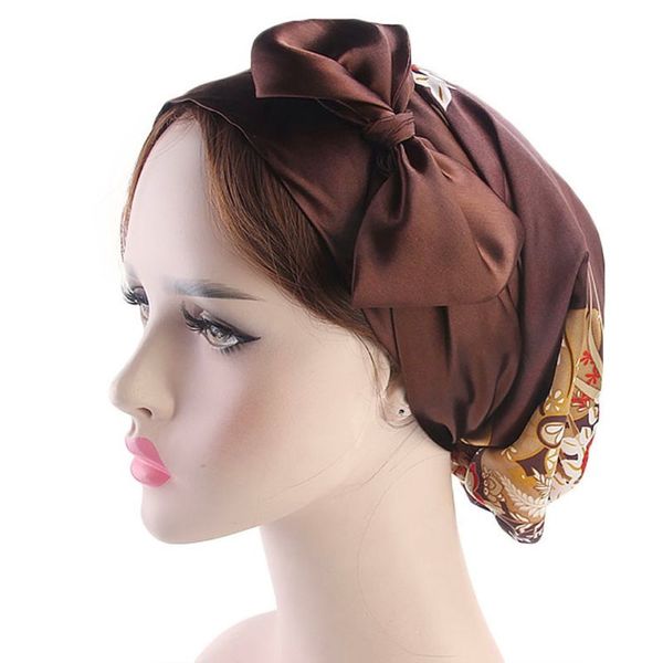 

8 color fashion woman hair accessories womens satin big bowknot turban hat floral polka dot chemo cap elastic bandanas