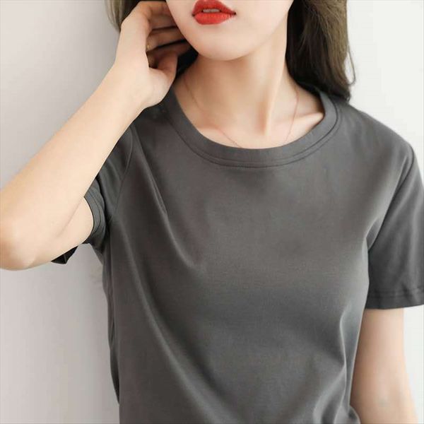 

хлопок ins модное с короткими рукавами женщин тонкий базовый круглый воротник футболки женщин летом сплошной цвет верхней, White