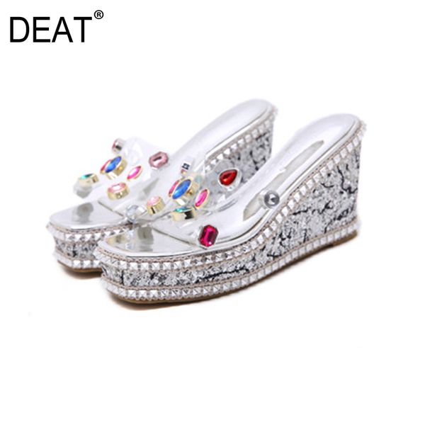 

deat] 2020 new spring summer square toe transparent crystal hit color pvc wedges platform slippers women shoes tide 10h197, Black