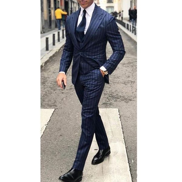 

new arrival costume homme blue pinstripe business men suits for wedding groom tuxedos men blazer 3 pieces jacket pants vest, White;black