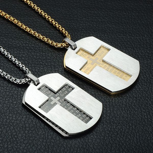 

cross necklaces pendants christian jewelry bible lords prayer dog tags gold color stainless steel christmas gift for men, Silver