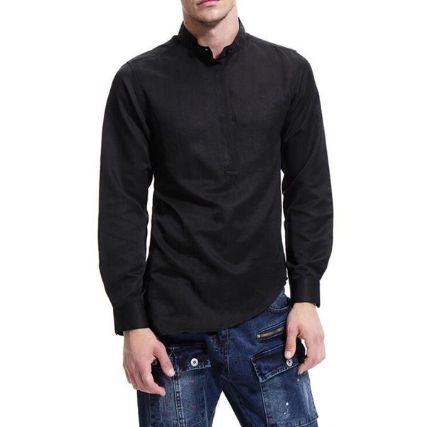 

men's casual shirts 2021 autumn men tide pullover stand collar long sleeve shirt youth solid color europe size british style cotton, White;black