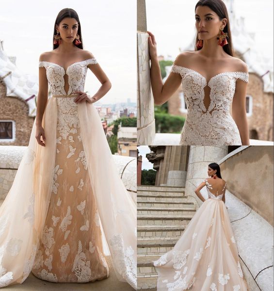 

2019 Свадебные платья Milla Nova Champagne Mermaid с отстегивающимся шлейфом и кружевной апплик