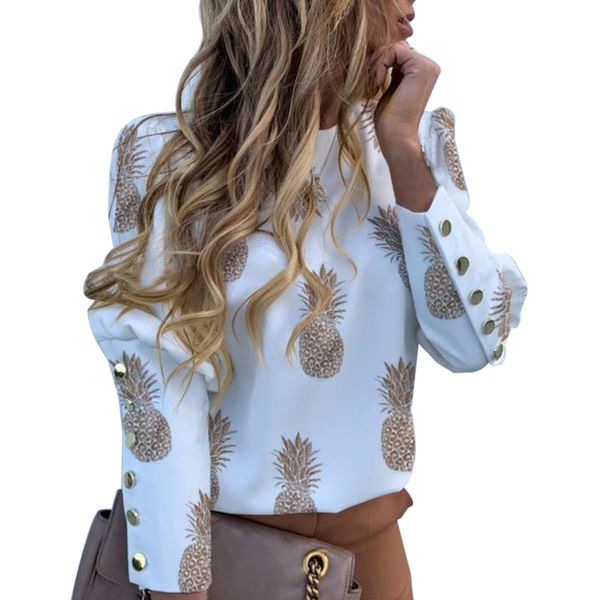 

elegant new puff shoulder blouse shirts office lady autumn metal buttoned detail blouses women pineapple print long sleeve, White