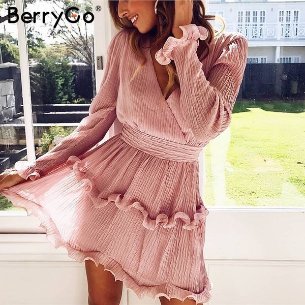 

berrygo women dresses elegant pleated chiffon summer dress 2019 long sleeve v neck ruffles white dresses mini dress vestidos, Black;gray