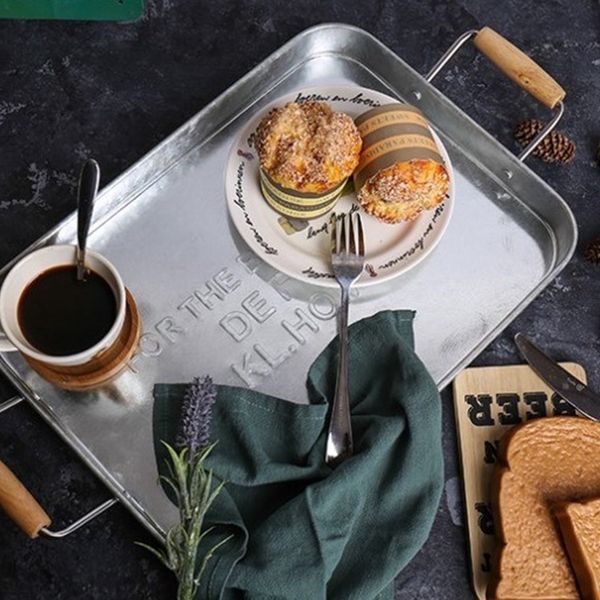 

rectangular metal antique serving tray retro fruit bread cake snack breakfast plate desksundries tray with handle
