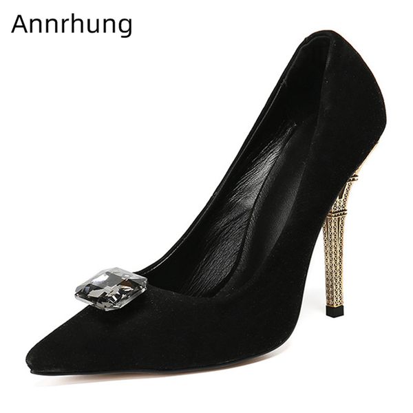 

metal tower heel women pumps diamond rhinestone decor pointed toe strange heel velvet party shoes woman, Black