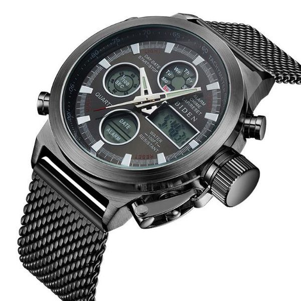 

mesh belt men's watch multi-functional dual movement waterproof watch outdoor electronic watch luminous week alarm calendar, Slivery;brown