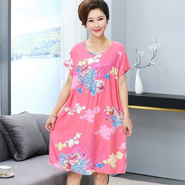 

summer middle-aged and elderly people's pijama female cotton mother nightdress summer short-sleeved thin large size dress, Black;red