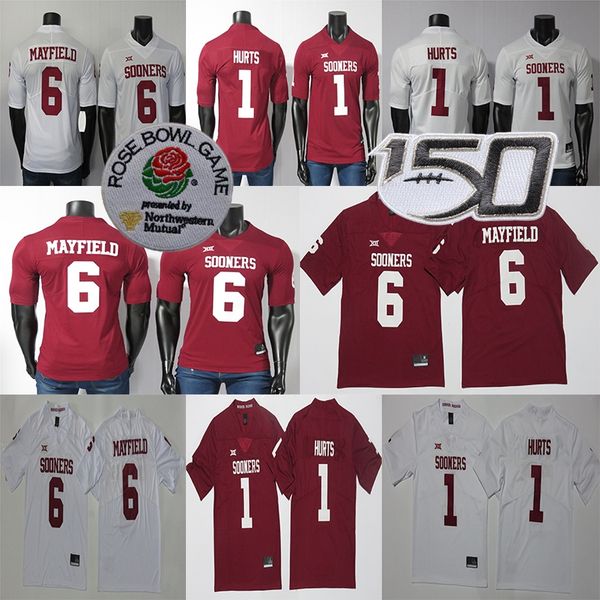 

oklahoma sooners jerseys 1 jalen hurts jersey 6 baker mayfield ncaa 2019 new white red college football jersey stitched 150th, Black