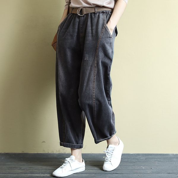 

spring autumn bleached jeans women elastic waist loose casual denim pants ladies washed pockets cotton trousers with belt, Blue