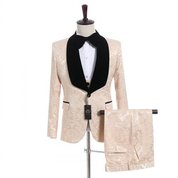 Passen Sie beige Schal-Revers mit einem Knopf für Hochzeit, Bräutigam, Smoking, Herrenanzüge für Hochzeit/Abschlussball/Abendessen, Trauzeugen-Blazer (Jacke + Krawatte + Weste + Hose) N58 an