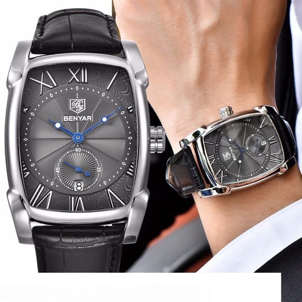 

benyar square business waterproof quartz leather wrist watch men clock male relogio masculino hodinky erkek kol saati mx190725, Slivery;brown