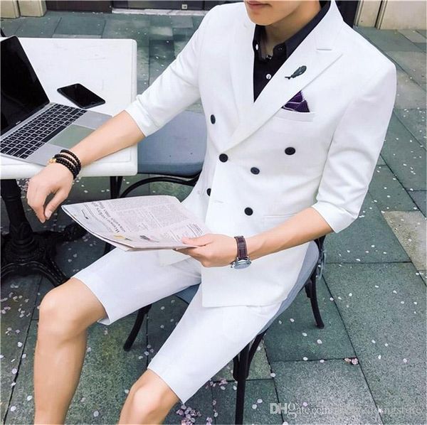 

new elegant white wedding men suit jacket with short pants slim fit fashion business suits young men summer suits set, White;black