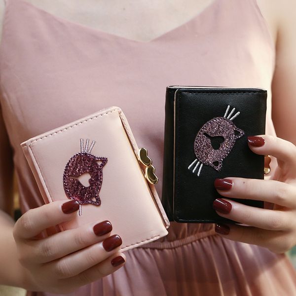 

new women's wallet short fashion wallet cute cat small coin purse, Red;black