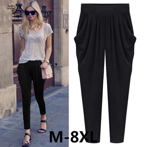 

summer womens harem pants high waist loose straight ankle length pant comfortable casual pants large size 8xl ol 2009, Black;white