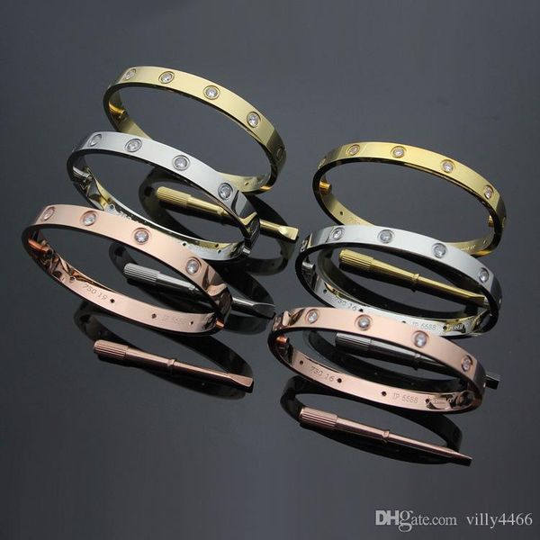 

316l stainless steel fashion new brand 18k gold plating love screw bracelet with screwdriver with ten white diamond cz bangle, Black