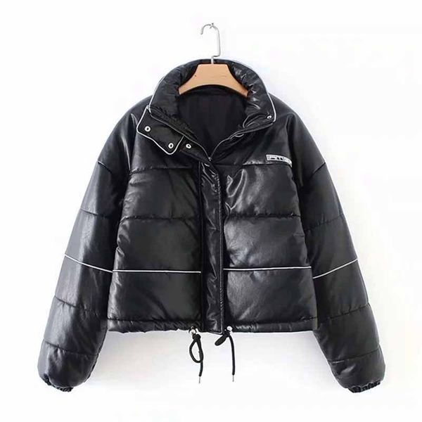 

2019 fashion winter short parkas women faux leather down cotton jacket stand collar thicken students cotton coat plus size g487, Black