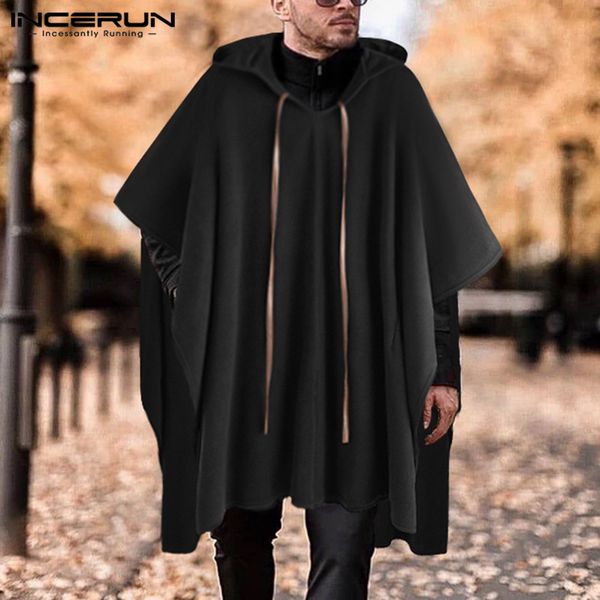 

incerun fashion men cloak coats hooded solid color cape 2019 streetwear poncho v neck loose coat irregular men long trench s-5xl, Tan;black