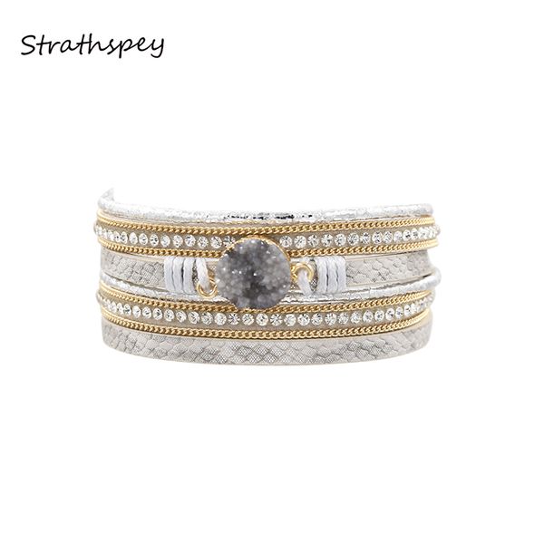 

strathspey multilayer rhinestone leather bracelet with magnetic clasp for women vintage handmade druzy bracelet wrap wristband, Golden;silver